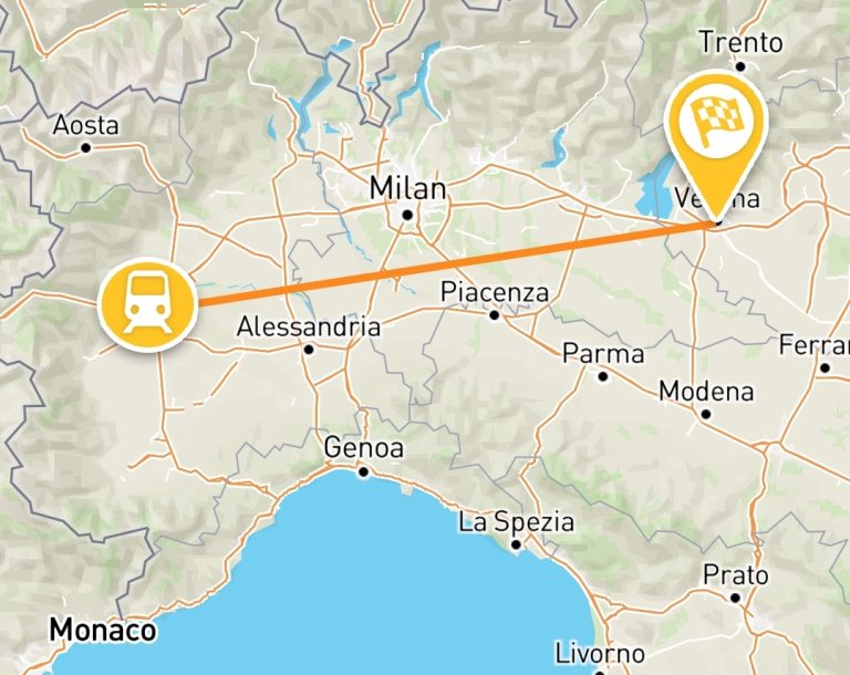 Turin to Verona Map showing our route by train