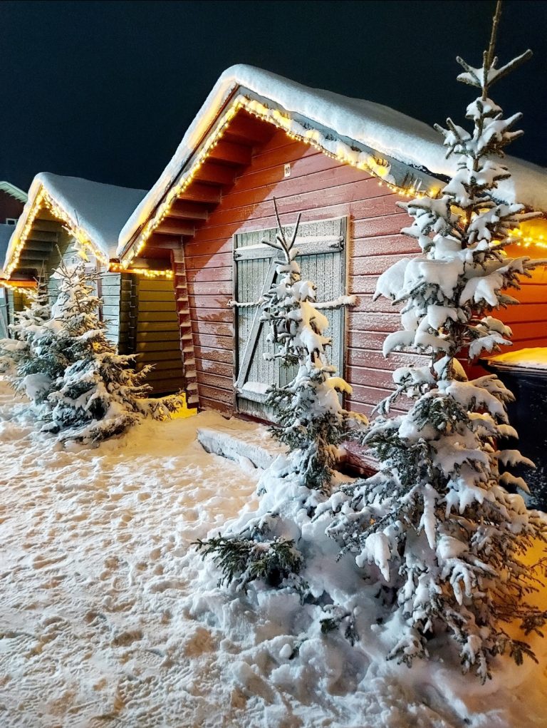 Snow-covered Levi village in Finnish Lapland with winter activities and ski slopes