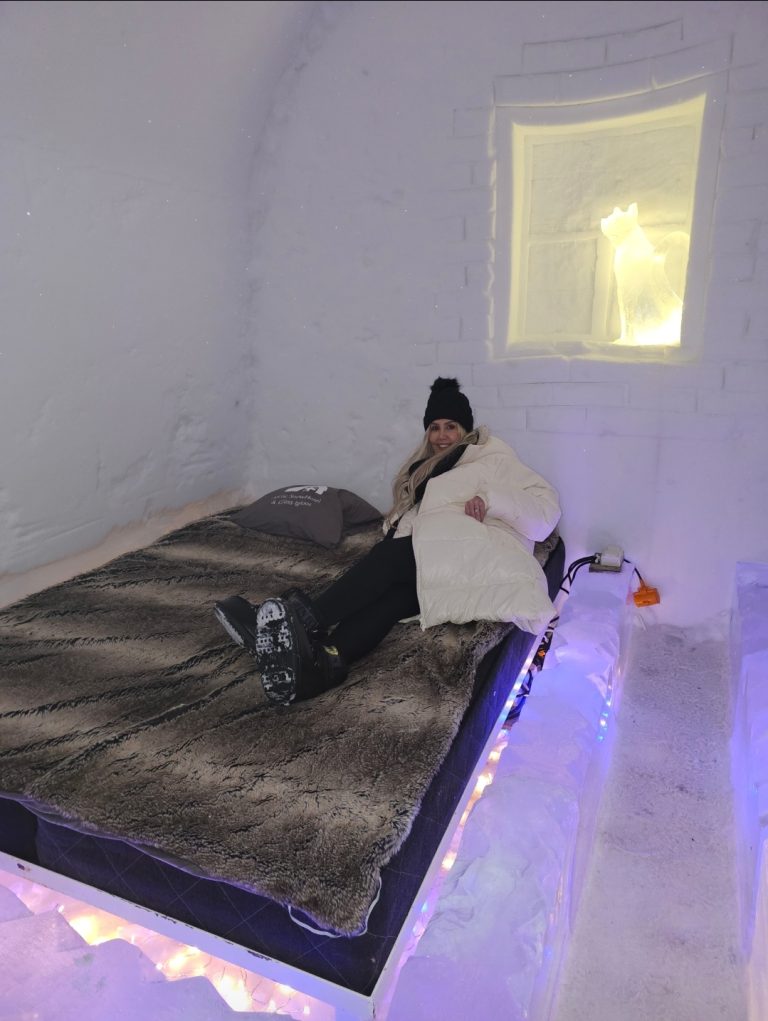 A bed at the Artic SnowHotel