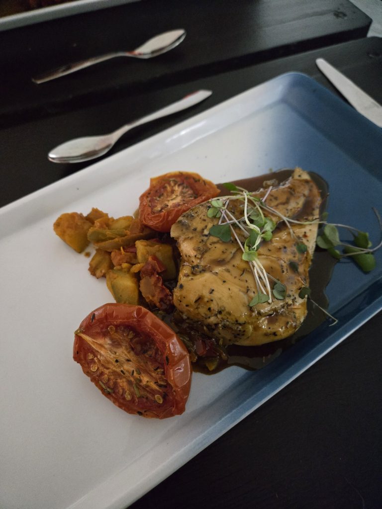 Chicken breast main course at the Arctic SnowHotel