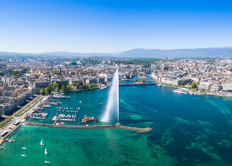 Geneva Switzerland famous Jet d’Eau fountain.