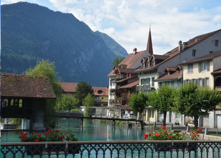 Interlaken town between Lake Thun and Lake Brienz with Swiss Alps in the background, Switzerland