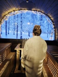 View from inside a sauna at Lapland Winter Park Rovaniemi