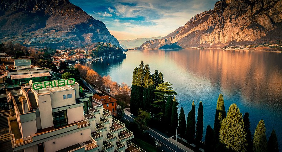 Lake Como in winter with Hotel Griso Collection and mountain views above Malgrate.