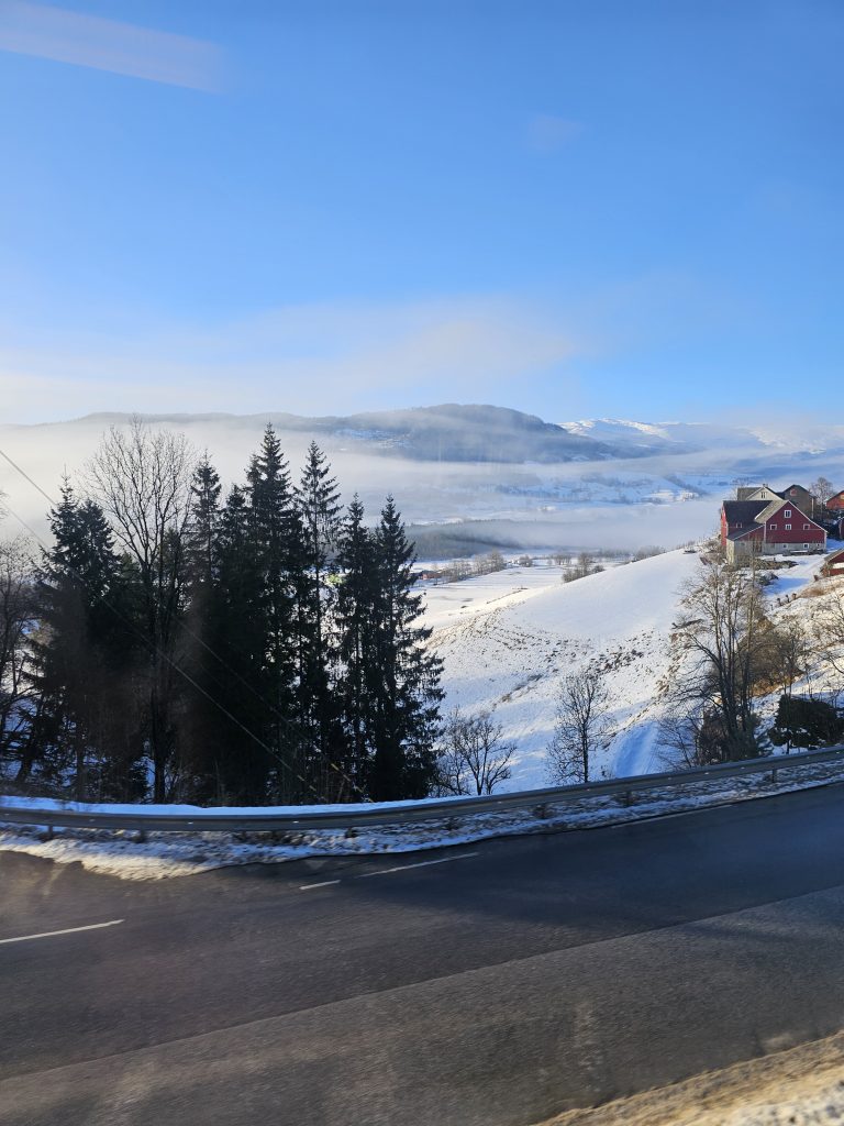 train running alongside the road near Oslo