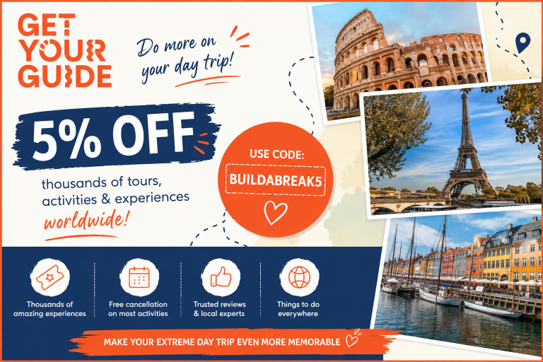 GetYourGuide 5% discount code BUILDABREAK5 for tours, attractions and experiences worldwide