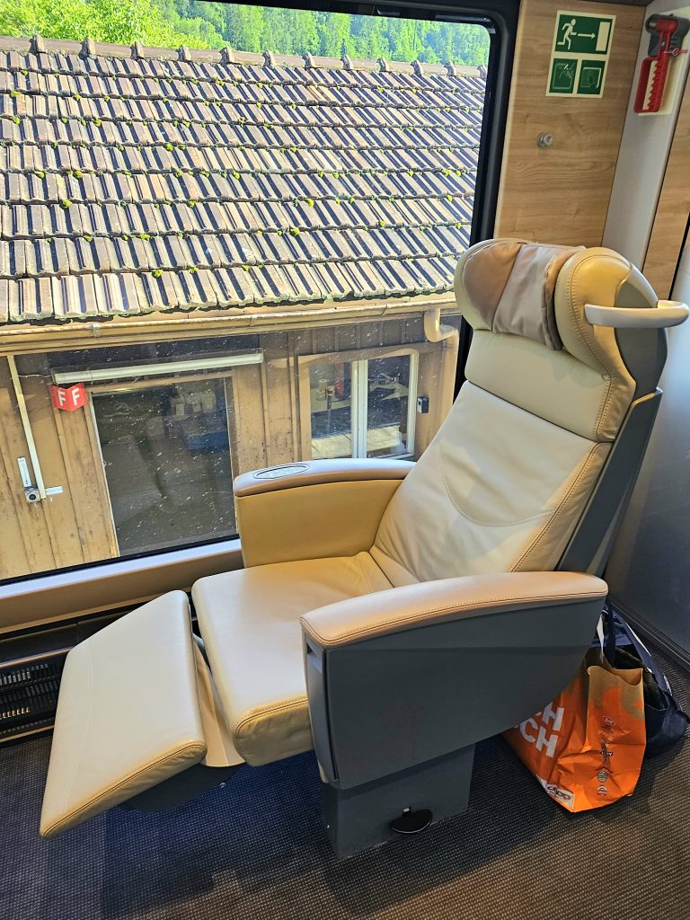 Reclining leather train seat