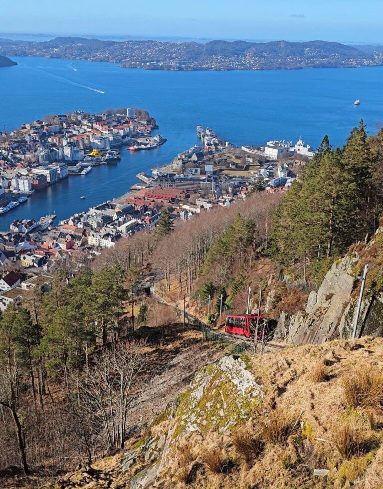 Funicular in Bergen going down Mount Fløyen