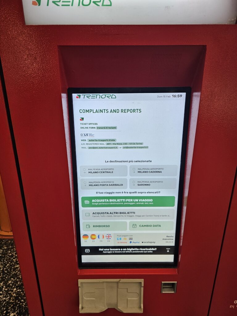 Train ticket machine at Milan Malpensa airport